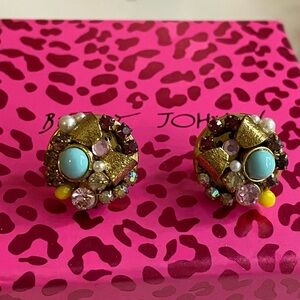 Betsey Johnson Gold Bows and Colorful Gem Cluster Festive Earrings